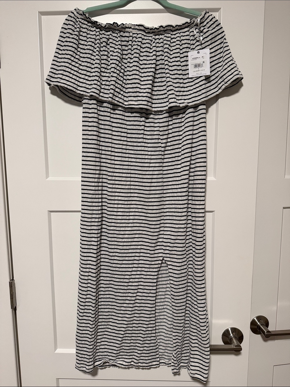 Strapless O’Neill Navy and White Striped Maxi Dress, brand new, size Large!